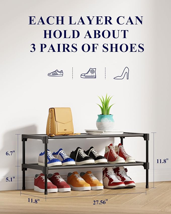 Kitsure Shoe Rack - Non-Woven Shoe Rack Shelf, Shoe Organizer for Closet, Entryway, Garage & Corridor, Stackable Shoe Shelves, Small, Black