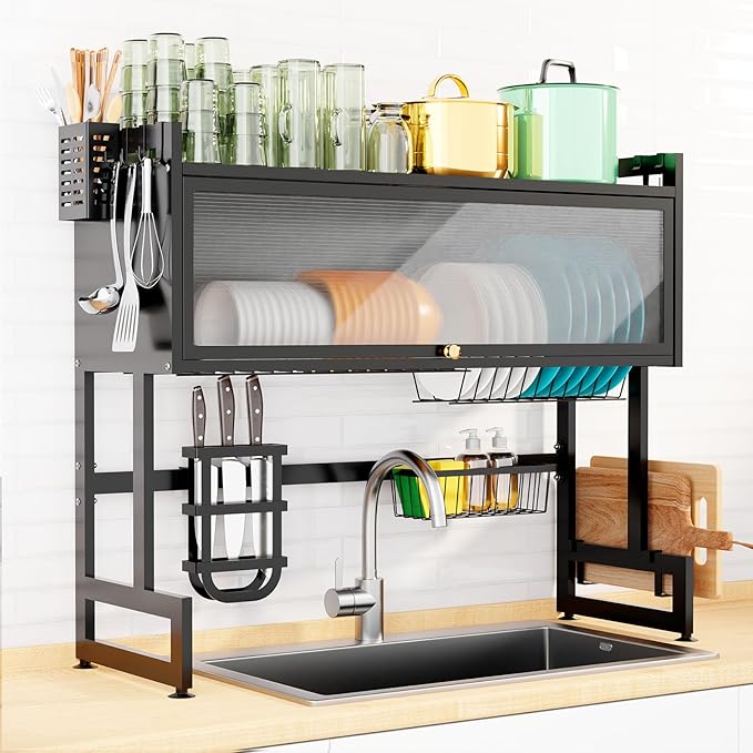 Over The Sink Dish Drainer Drying Rack, 3 Tier Over The Sink Dish Rack with Cover for for Dishes, Glasses, Bowls and Cutlery, Dish Drainers Organizer for Kitchen Counter