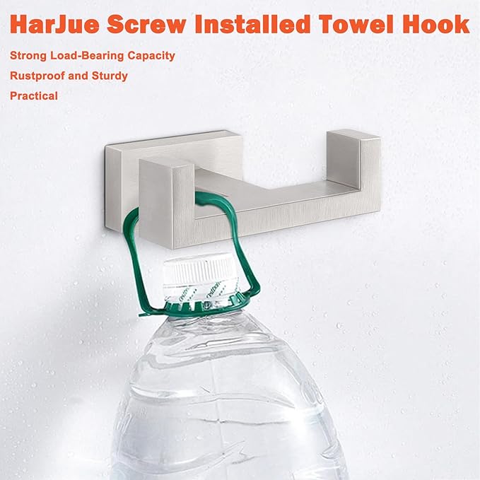HarJue Bath Towel Hooks, 304 Stainless Steel Robe Towel Hanger Heavy-Duty Rustproof Coat Hook for Bathroom and Kitchen-Wall Mounted, Double Towel Holder (Brushed Nickel,2 Pack-Square)