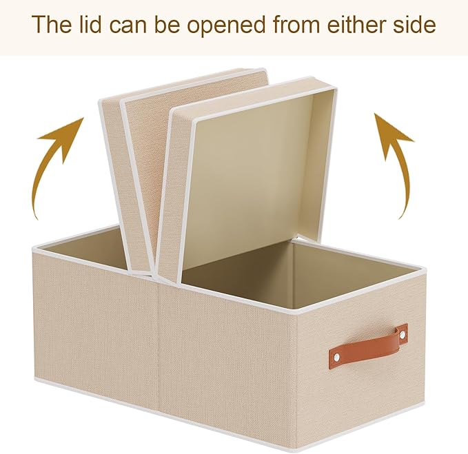 3-Pack Storage Boxes, Foldable Blanket Basket with Detachable Lid, Linen Closet 0rganizers with Double Handles, Collapsible Cubes for Organizing, Beige, 18.5 x 11 x 7.9 inch-NeatNest