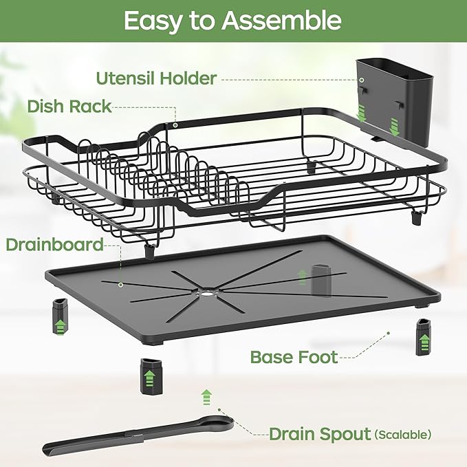 Dish Drying Rack, Stainless Steel Rustproof Dish Rack for Kitchen Counter, Sturdy Dish Drainer with Drainboard, Drainage, Utensil Holder for Various Kitchenware, 16.2"(L) x 12.6"(W), Black