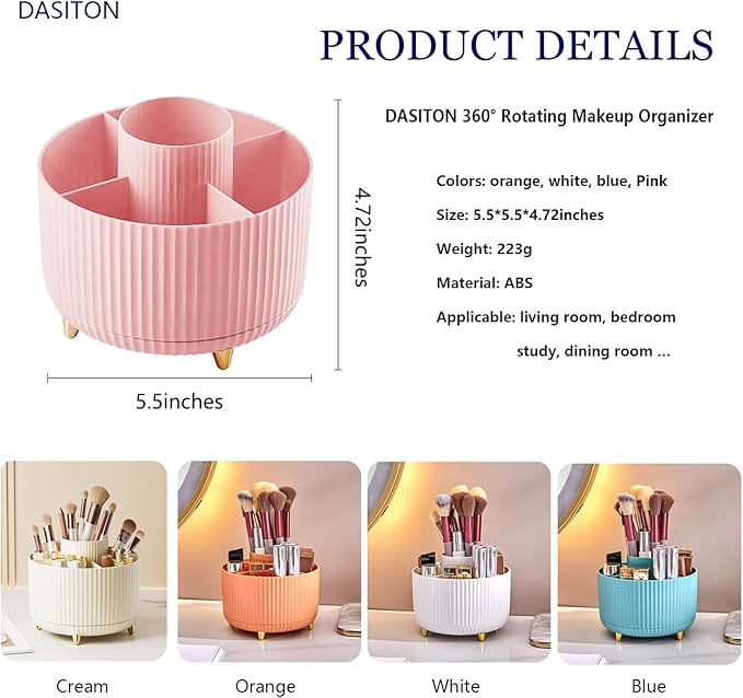 DASITON Large Capacity Makeup Brush Holder,360° Rotating Makeup Organizer,5 Slot Makeup Brushes Cup,for Vanity Decor,Bathroom Countertops,Desk Storage Container,Cosmetic Display cases(Pink)-NeatNest