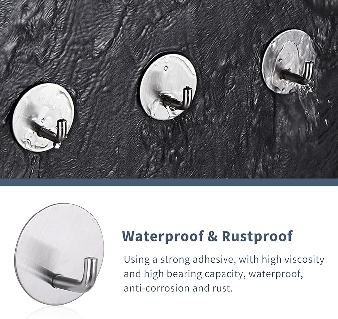 Adhesive Hooks Heavy Duty Waterproof in Shower Hooks for Hanging Loofah, Towels Clothes for Bathroom Removable Stainless Steel Brush Nickel Adhesive Wall Hooks 4 Pcs (Sliver)
