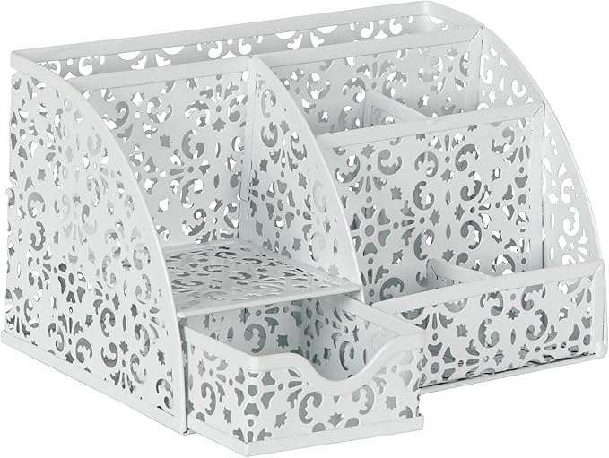 EasyPAG Desk Organizer with Sliding Drawer - 6 Compartments Metal Desktop Caddy, Decorative Elegant Hollow Flower Design, Anti-Scratch Pads for Home, Office, School, White-NeatNest