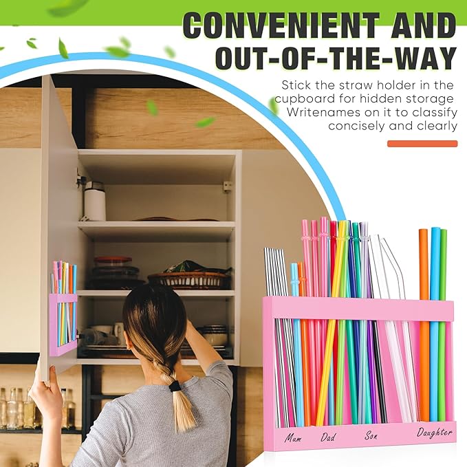 Acrylic Straw Holder for Cabinet Door with Double Sided Adhesive Tape Reusable Straw Organizer Tumbler Storage Kitchen Accessories Container for Counter Cupboard(Classic,Large,Pink)
