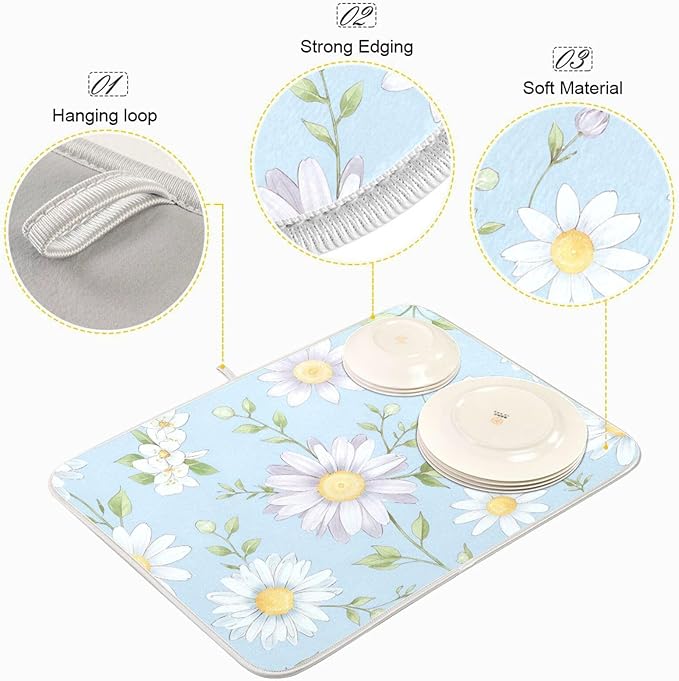 Daisies Flowers Absorbent Dishes Drainer/Rack Mat for Countertop, Microfiber Dish Drying Pads Kitchen Counter Draining Pad Small Size 16 x 18 Inches-NeatNest