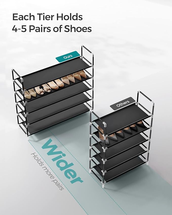 SONGMICS 5-Tier Shoe Rack, Shoe Storage for Hallway Closet, Slim and Space-Saving, Metal Frame, Non-Woven Fabric Shelves, Black ULSH55H-NeatNest