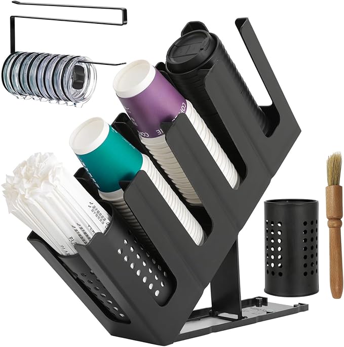 Cup and Lid Holder with Straw Organizer – Includes Clean Brush & Lid Organizer, 4 Adjustable Compartments, Coffee Cup and Lid Dispenser for Countertop, Coffee Station, Breakroom, Bar – Black-NeatNest
