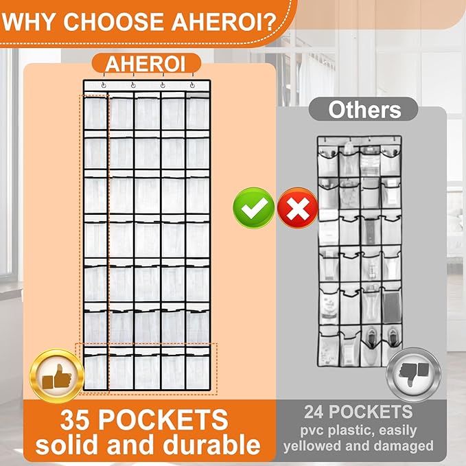 Aheroi Over the Door Shoe Organizer, 2 Pcs 35 Pockets Large Soild Hanging Shoe Rack, Mesh Shoe Organizer Door Hanger Up to 40 lbs, Over Door Shoe Holder, Shoe Storage Hanging Bag with 4 Metal Hooks