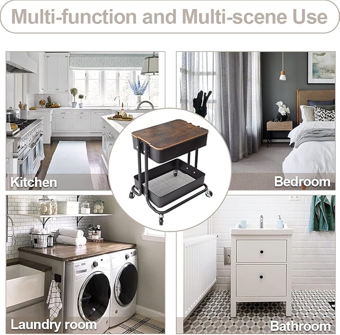 Melody House 2 Tier Metal Utility Rolling Cart Storage Organizer with Cover Board, Mobile Trolley Sofa Side Table with Wheels for Office Home Kitchen Organization, Black