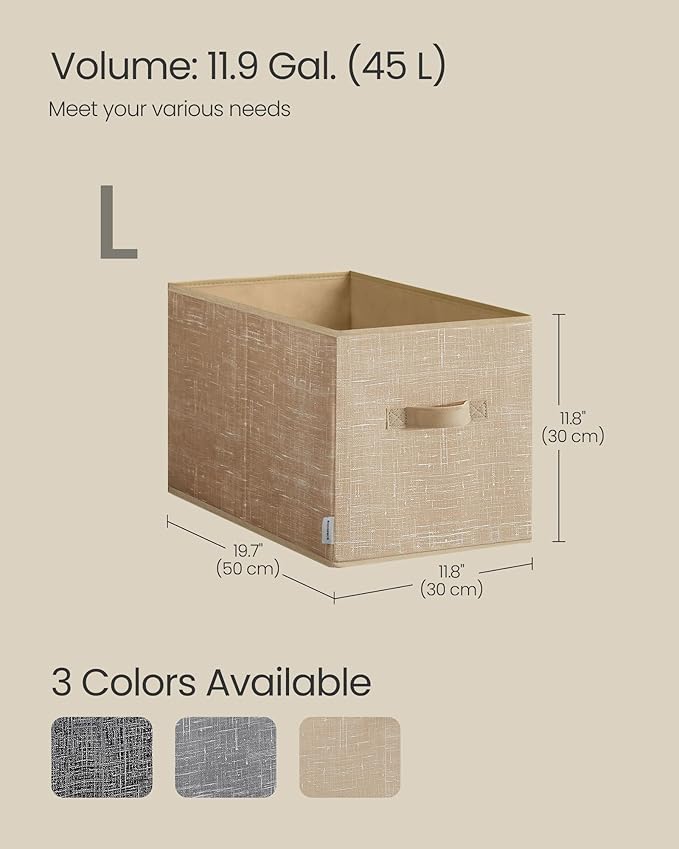SONGMICS Storage Baskets, Set of 3 Fabric Storage Bins, 19.7 x 11.8 x 11.8 Inches, Foldable Closet Organizer for Shelves, 2 Handles, Label Holders, for Bedroom, Living Room, Sand Beige UROB450K01