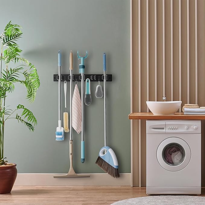 Mop and Broom Holder Wall Mount - Black Broom Mop Hanger - Wall Mounted Garden Tool Rack Organizer for Closet Garage Laundry Room Kitchen Decor With 5 Slots & 4 Hooks-NeatNest