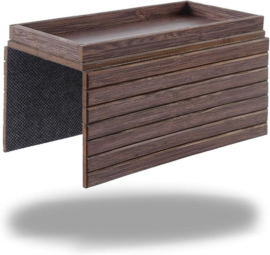 DETOR Couch Arm Tray, TV Tray with Capacious 12.4" x 5.4" Storage Box, Bamboo Grain Stained Brown Color, Enhanced Nonslip Felt Bottom, Sturdy Bamboo Slats Material | for Armrests 6" and Wider-NeatNest