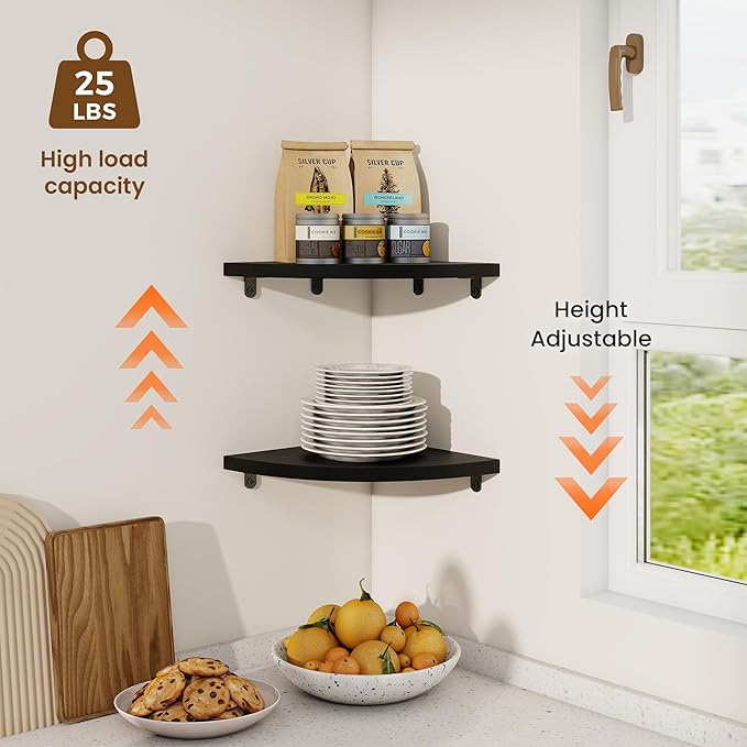 Fun Memories Corner Shelf Wall Mount Set of 2 - Solid Oak Wood Floating Corner Shelf with Cable Hole, 8.5in Rustic Design for Bedroom, Living Room, Kitchen (Black)-NeatNest
