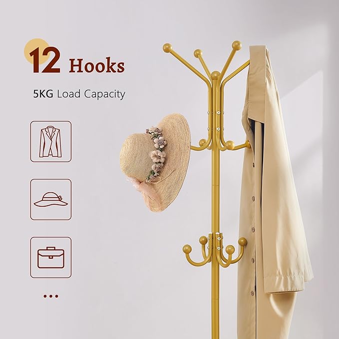 FAVOOSTY Coat Rack Freestanding,Coat Rack Stand with Umbrella Holder,Metal Coat Tree with 12 Hooks,Tree Clothes Hat for Entryway, Hallway, Bedroom, Living Room & Office -Glod-NeatNest