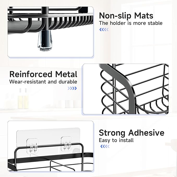 Black Kitchen Sink Caddy Organzier, Sponge Holder for Kitchen Sink, Metal High Brush Holder, Dish Sponge Holder Basket for Sponges, Scrubbers, Dish Soap Bottles Wall Mounted/Countertop-NeatNest