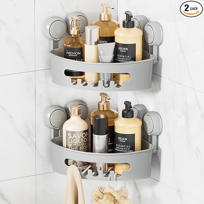 LEVERLOC Corner Shower Caddy Suction Cup, shower shelves suction cup, 2 Pack Basket Powerful Bathroom, Waterproof & Oil-proof Organizer for Kitchen, No-Drilling Removable (Grey)
