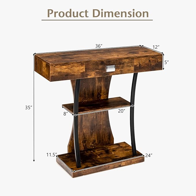 Giantex Narrow Console Table T-Shaped - Behind Couch Table with Drawer, Shelves, Dual Anti-Tipping Kits, Modern Foyer Table, Sofa Side Table for Living Room, Entryway, Hallway, Entry Table (Brown)-NeatNest