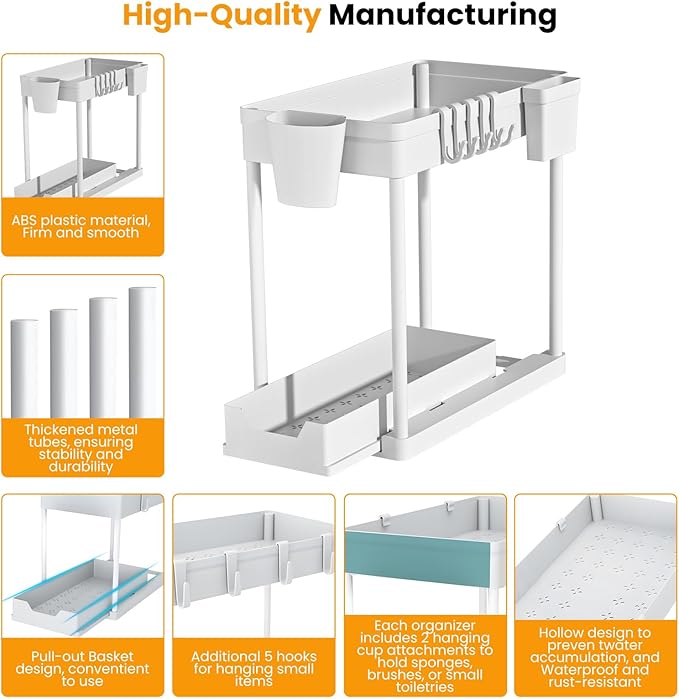 2 Pack Under Sink Organizer, 2 Tier Bathroom Organizers and Storage, Cabinet Organizer with Hook, Multi-Purpose Under Sink Organizers and Storage for Bathroom & Kitchen, Bedroom (White)-NeatNest