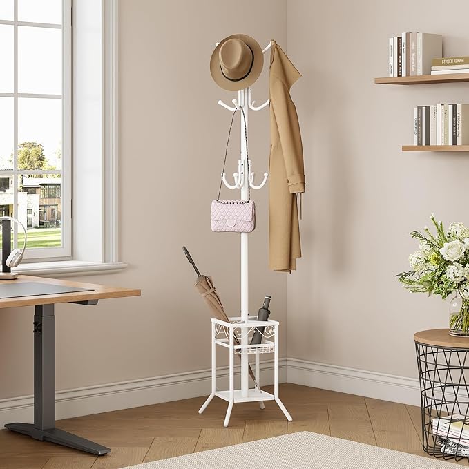 ELYKEN Coat Rack Freestanding with Umbrella Holder, Coat Tree with 12 Hooks, Coat Hanger Stand for Entryway, Metal Coat Rack Hat Rack Stand for Living Room Bedroom Office, White-NeatNest