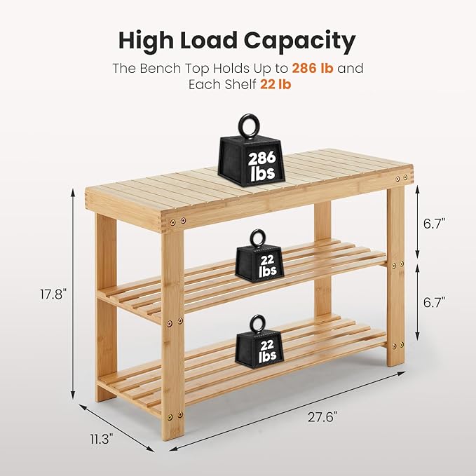 Sweetcrispy Shoe Rack Bench, 3-Tier Bamboo Entryway Storage Organizer, 286lb Capacity, Shoes Stand for FrontDoor Entrance, Bedroom, Living Room, Bathroom, Balcony, 11.3 x 27.6 x 17.8 Inches, Wood-NeatNest