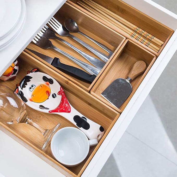 Bamboo Drawer Organizer - Kitchen Utensil Organizer Silverware Tray Cutlery Holder,Office Desk Supplies and Accessories (12x3x2.6 inch)-NeatNest