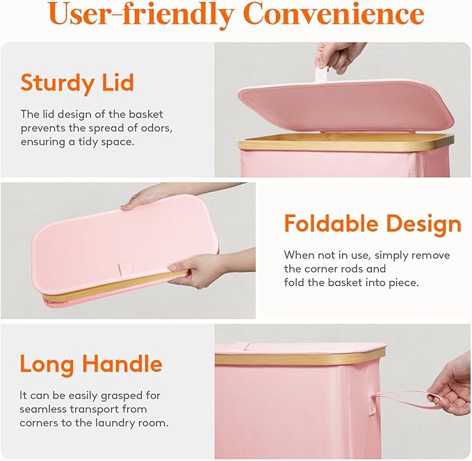 Lifewit 65L Slim Laundry Hamper with Lid, Narrow Laundry Basket with Removable Bag & Bamboo Handles, Fodable Thin Dirty Clothes Hamper for Laundry Collapsible Bin for Bathroom Bedroom Dorm, Pink-NeatNest