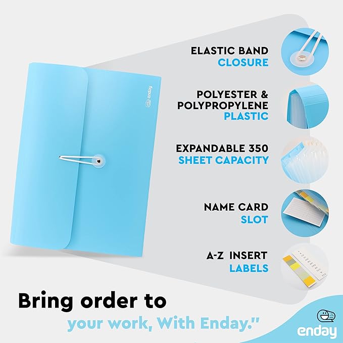 Accordian File Organizer, 13 Pocket Expanding File & Cover Folder with Labels, Plastic Portable Desktop Supplies Letter A4 Paper in Blue and Purple (2 Pack) – by Enday