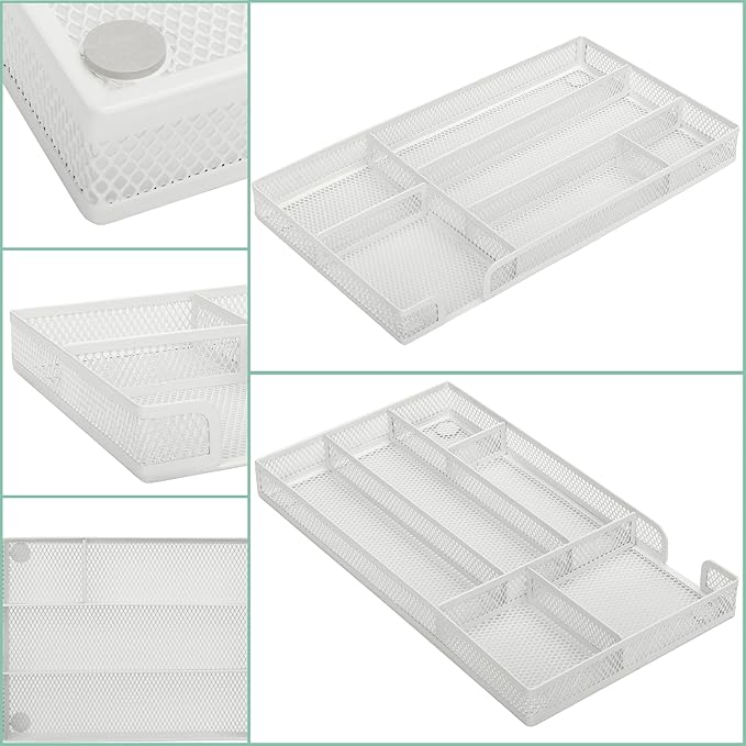 Annova Desk Drawer Organizer Tray for Office Organization - Metal Mesh - Storage Tray with Dividers for Pens, Desktop Accessories, Bathroom, Kitchen, Makeup and Office Supplies (Small, White)-NeatNest