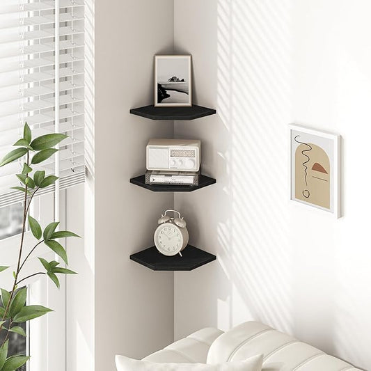 Corner Shelf Wall Mount, Floating Corner Shelves, Set of 3 Corner Wall Shelf Organizer, Rustic Wood Wall Storage Display Shelves for Living Room Bedroom Bathroom Kitchen, Classic Black-NeatNest