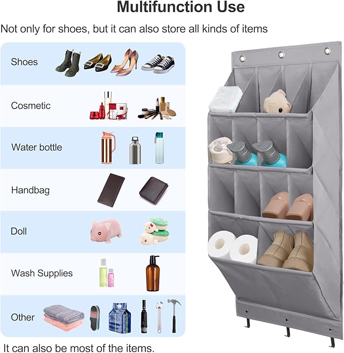 FENTEC 2 Pack Over the Door Shoe Organizer, Hanging Shoe Organizer Rack,24 Large Pockets and 4 Larger Storage Various Compartments with 6 Hooks, Home Accessories, Grey-NeatNest
