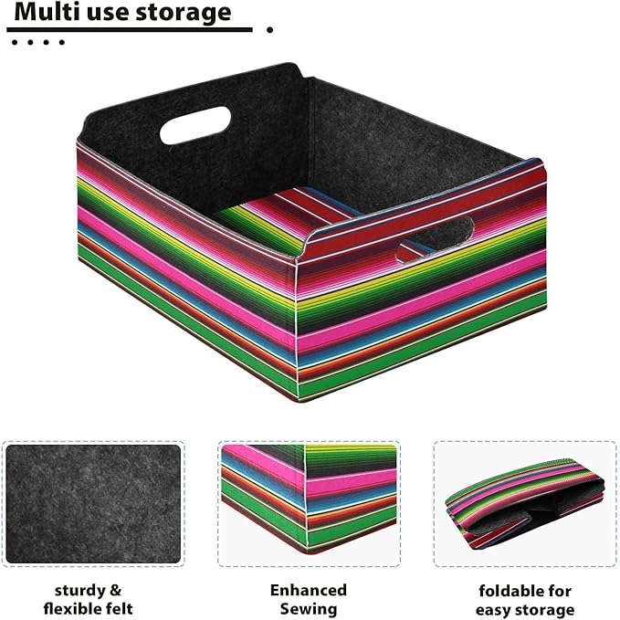 Kigai Mexican Serape Colorful Stripes Storage Basket, Foldable Open Storage Bins with Double Handle, Felt Storage Boxes for Office Desk, Rectangular Closet Organizer Containers for Home Bedroom