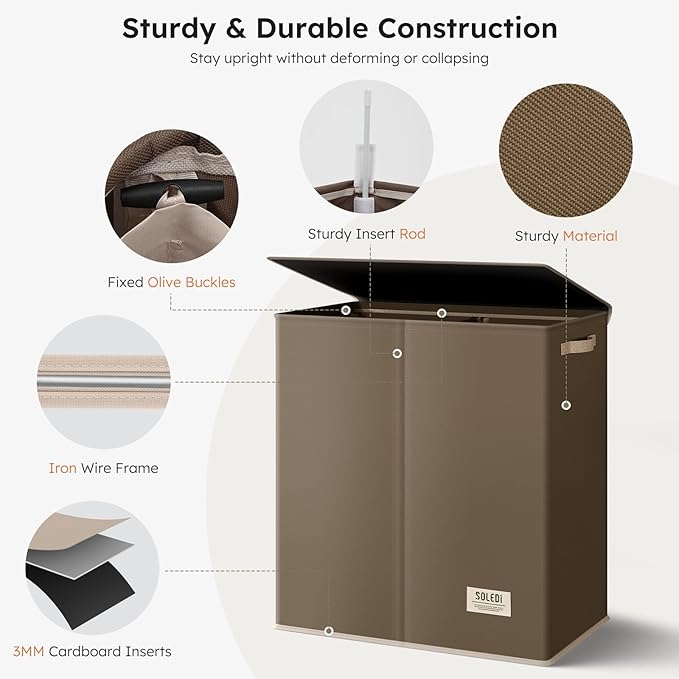 SOLEDI Large Double Laundry Hamper with Lid, Collapsible Clothes Hamper 2 section with Removable Bags, Space-Saving Laundry Basket for Bedroom, Dorm, College-NeatNest