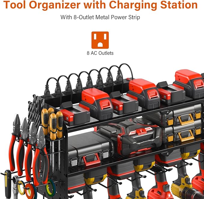 JUNNUJ Large Pegboard Power Tool Organizer with Charging Station, 8 Drills Driver and Tools Battery Holder Wall Mount with 8 Outlet 10 FT Power Strip, Black 3-Layer Shop Garage Storage Utility Rack