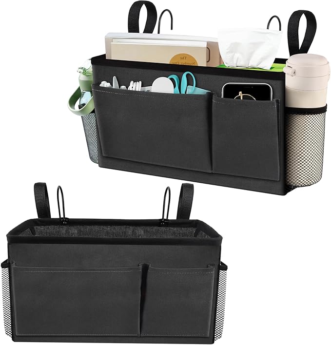 BlissTotes Bedside Caddy, Bedside Storage Organizer for Bunk Bed Accessories, Dorm Storage for Bedside Shelf and Bunk Bed Shelf, Bed Caddy for Home, Dorm, Bunk (Dark Gray, 2 Pack)-NeatNest