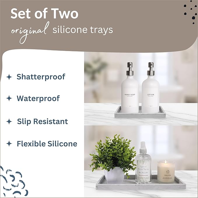 Countertop and Vanity Tray - 2 PC (11” and 7”) Shatterproof Silicone Kitchen and Bathroom Trays for Counter, Kitchen Soap Dispenser Tray, Vanity Trays for Bathroom, Perfume Key Tray-NeatNest