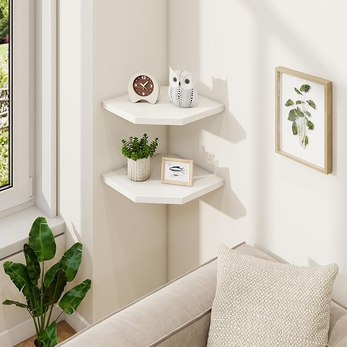 Fun Memories Corner Shelf Wall Mount Set of 2 - Solid Oak Wood Floating Corner Shelf with Cable Hole, 10in Rustic Design for Bedroom, Living Room, Kitchen (White)-NeatNest