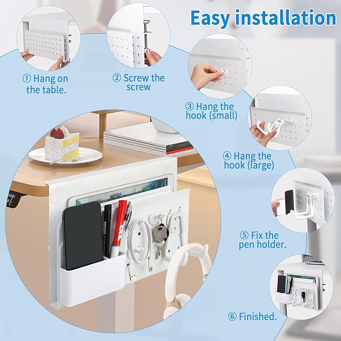 Desk Side Storage with Pen Holder & Hanging Hooks, No Drill Hanging Desk Organizer Under Desk Storage Mount, Clamp-On Laptop Holder Table Side Tray for Office and Home (White)-NeatNest
