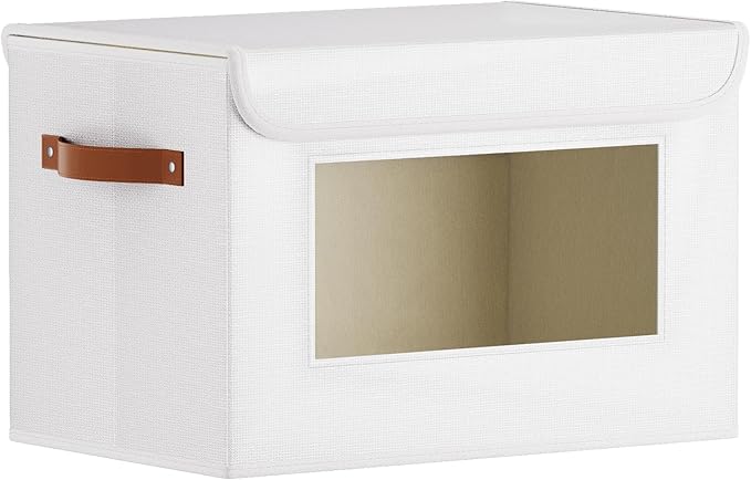 Fabric Storage boxes, 13 x 9.1 x 7.9 inch Blanket Baskets for Shelves with Lids, Cubes with Handles, Decorative Linen Closet Organizers Bins, White, 1-Pack