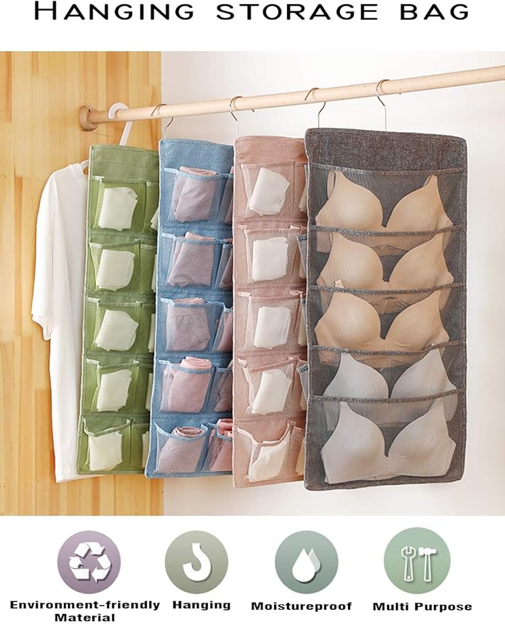 AARAINBOW Hanging Bra Organizer with Pockets, Hanging Sock Organizer, Dual Sided Hanging Closet Underwear Storage Holder for Lingerie, Panty Tie (20 Pockets, Gray)-NeatNest
