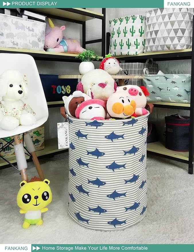 FANKANG Storage Basket, Nursery Hamper Canvas Laundry Basket Foldable with Waterproof PE Coating Large Storage Baskets for Kids Boys and Girls, Office, Bedroom, Clothes,Toys(Shark)
