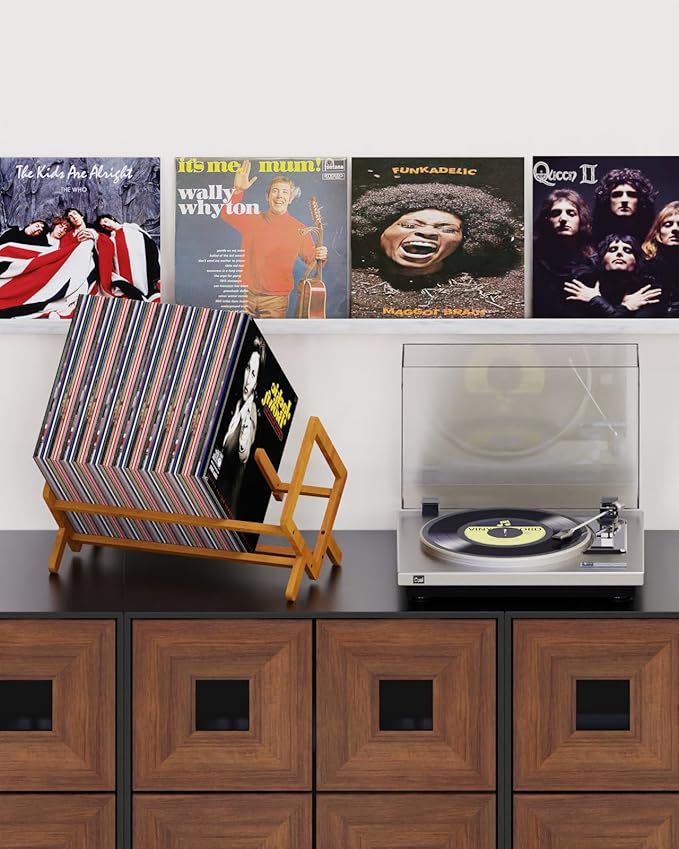Bamboo Vinyl Record Holder Stand, Magazine Holders Desktop Bookshelf Storage Rack With Divider, Holds up to 80-100 LPs, Classical Design Organizer Rack for Files Book Notebook Magazine Vinyl Record-NeatNest