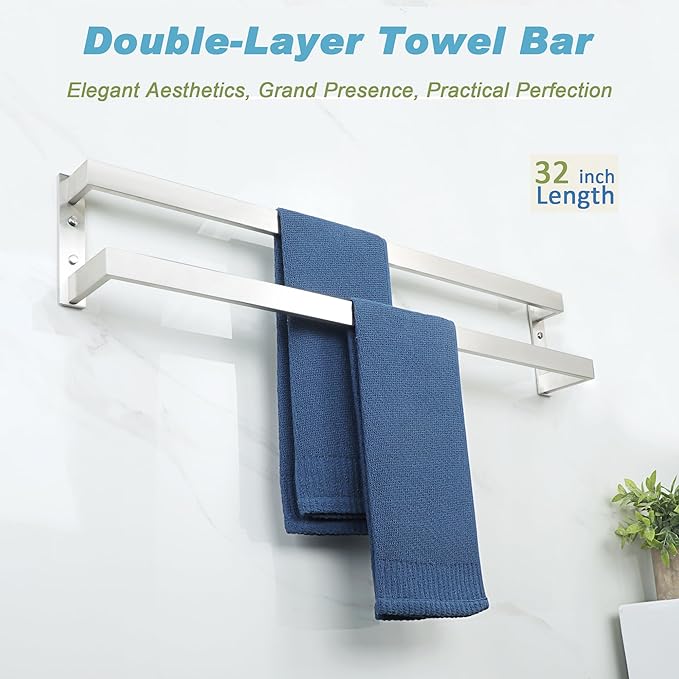 Alise Double Towel Bar 32", SUS304 Stainless Steel Towel Racks for Bathroom Wall Mounted, Space Saving Bathroom Towel Holder, Long Towel Hanger, Brushed Nickel