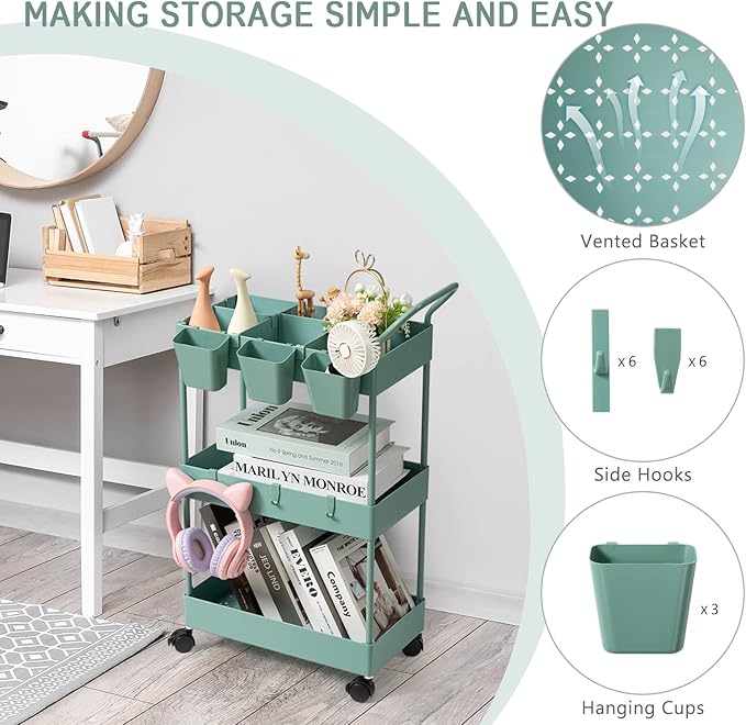 danpinera Storage Cart on Wheels, 3 Tier Bathroom Cart Organizer Slim Laundry Narrow Shelf with Wheels Dividers Hanging Cups Hooks Handle Easy Assembly, Green