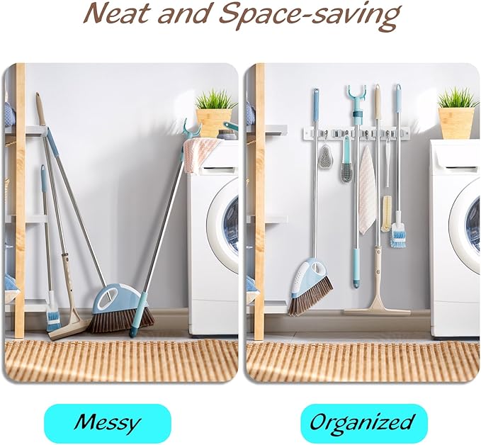 Mop and Broom Holder Wall Mount - White Broom Mop Hanger - Wall Mounted Garden Tool Rack Organizer for Closet Garage Laundry Room Kitchen Decor With 5 Slots & 4 Hooks-NeatNest