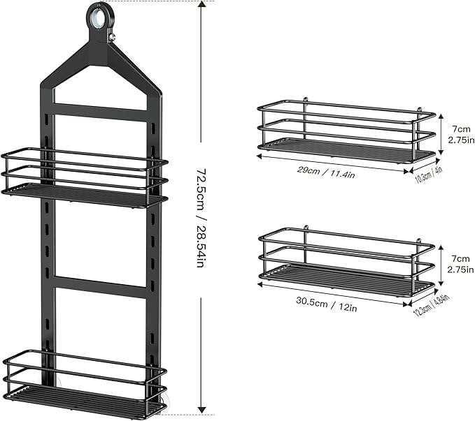 Orimade Adjustable Anti-slip Shower Caddy over Head, Rustproof Bathroom Hanging Shower Organizer with 2 Hooks for Razor, No Drilling Shower Shelves Storage Rack 2 Tier, Black