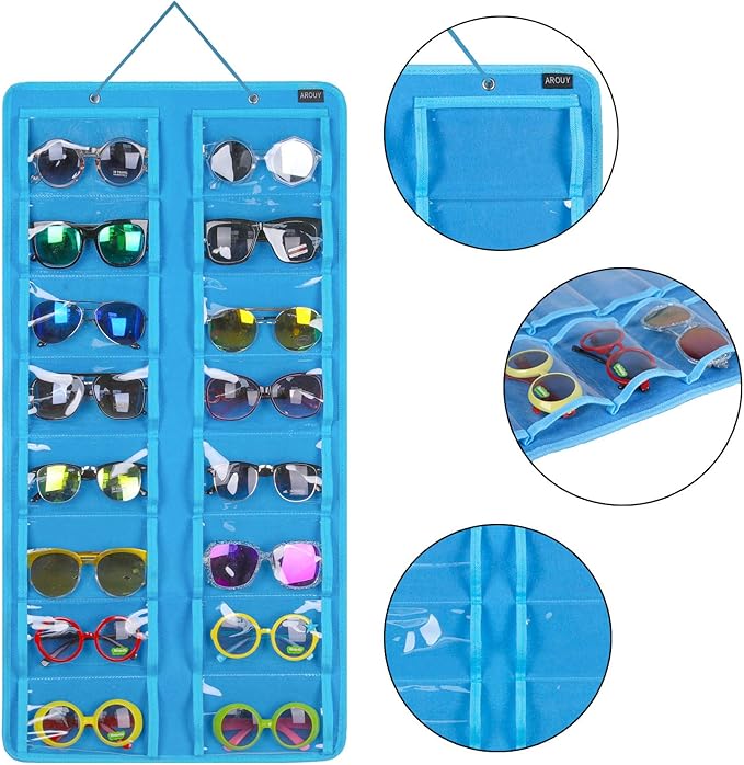 AROUY Sunglasses Organizer Storage - Hanging Dust Proof Wall Pocket With 16 Felt Slots, Metal Hook and Sturdy Rope (Light Blue)-NeatNest