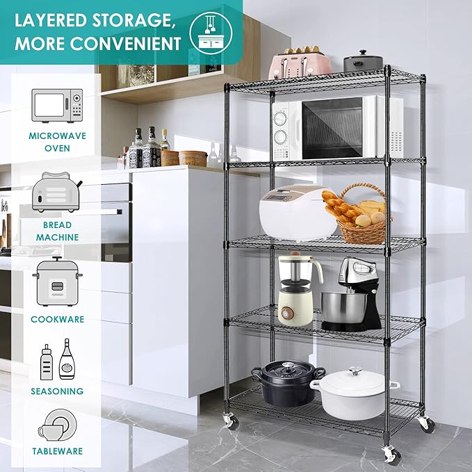 5 Tier Wire Shelving Unit, Adjustable Metal Storage Rack, Mobile Wire Shelves for Kitchen, Laundry, Bathroom, Pantry, Closet Organization (17.7" D x 35.5" W x 71" H, Black)