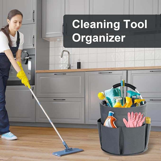 Cleaning Caddy with Handle, Cleaning Products Organiser, 17L Foldable Storage Basket, Cleaning Caddy Organiser, Portable Multi Cleaning Bucket Bag for Home, Garden (Dark Grey)-NeatNest