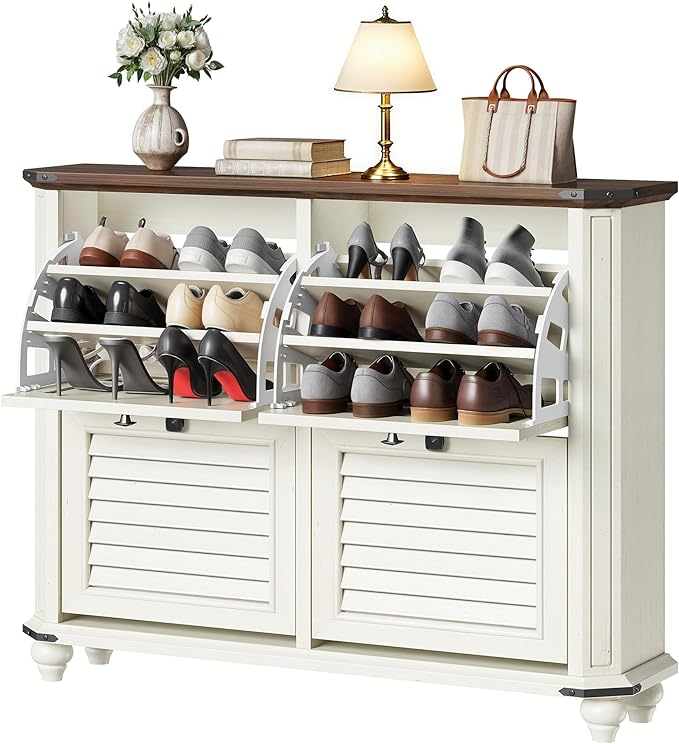DWVO Shoe Cabinet with 4 Flip Drawers, Farmhouse Shoe Rack with Shutter-Doors, Wooden Entryway Shoe Storage Organizer, Rustic Hidden Shoe Cabinet for Foyer, Hallway, Living Room, White-NeatNest
